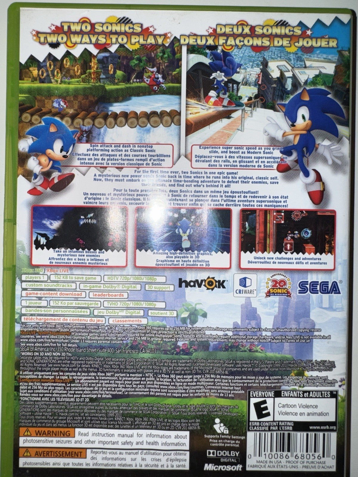 Sonic Generations (Microsoft Xbox 360, 2011) CIB COMPLETE + MANUAL