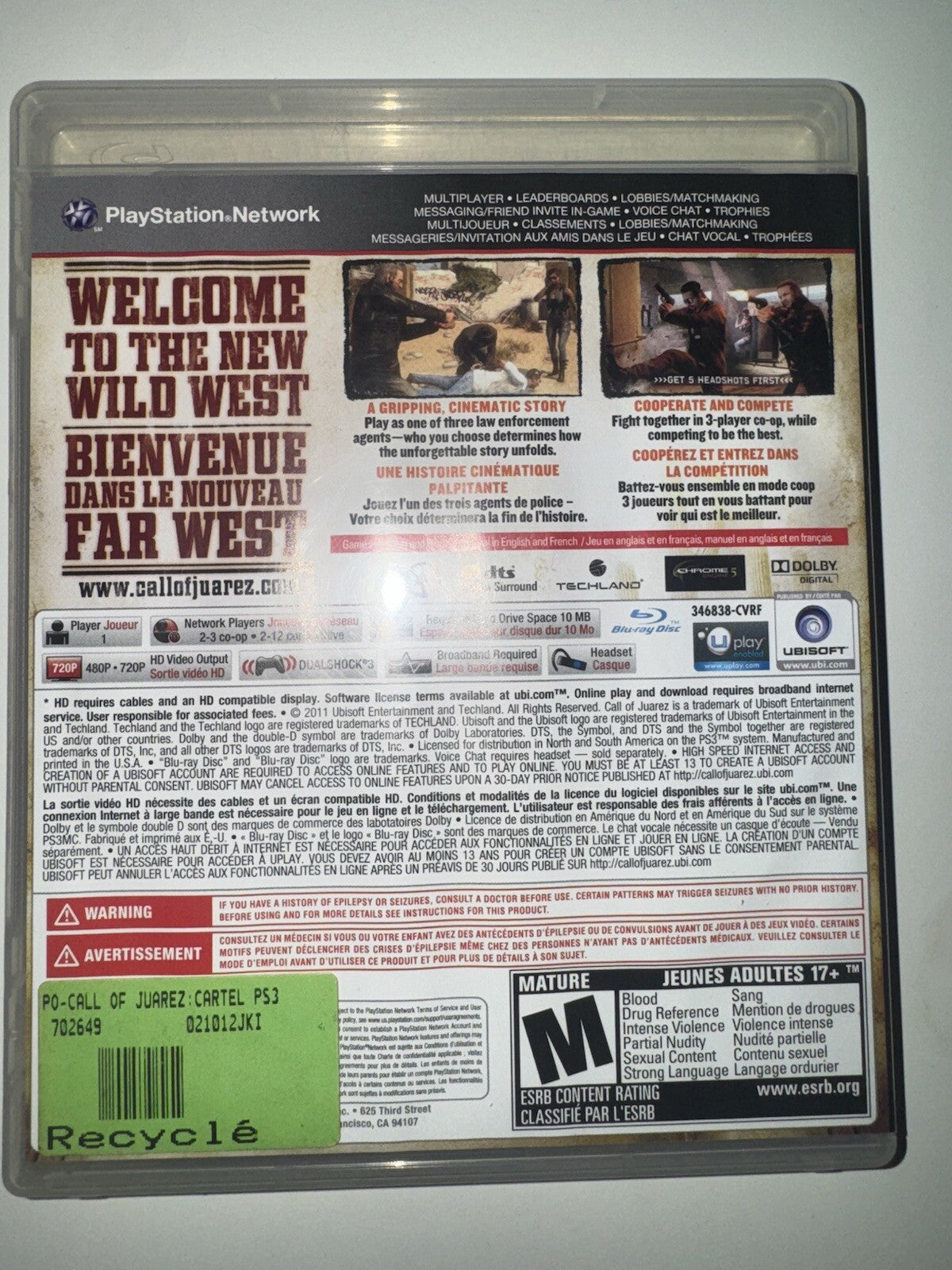 Call of Juarez: The Cartel (Sony PlayStation 3, 2011) CIB COMPLETE + MANUAL PS3