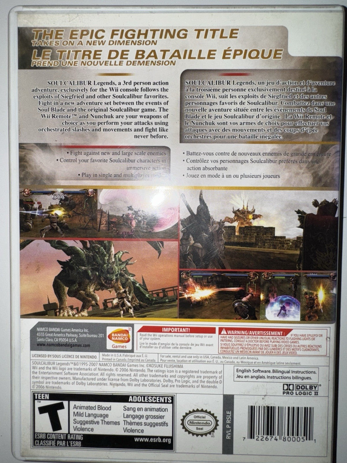 Soul Calibur Legends (Nintendo Wii, 2007) CIB COMPLETE + MANUAL WII