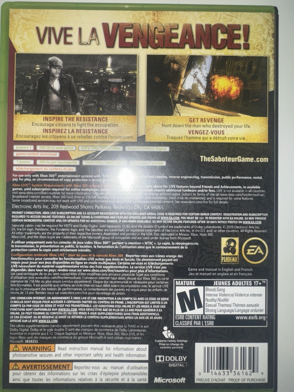 Saboteur (Microsoft Xbox 360, 2009) CIB COMPLETE + MANUAL XBOX