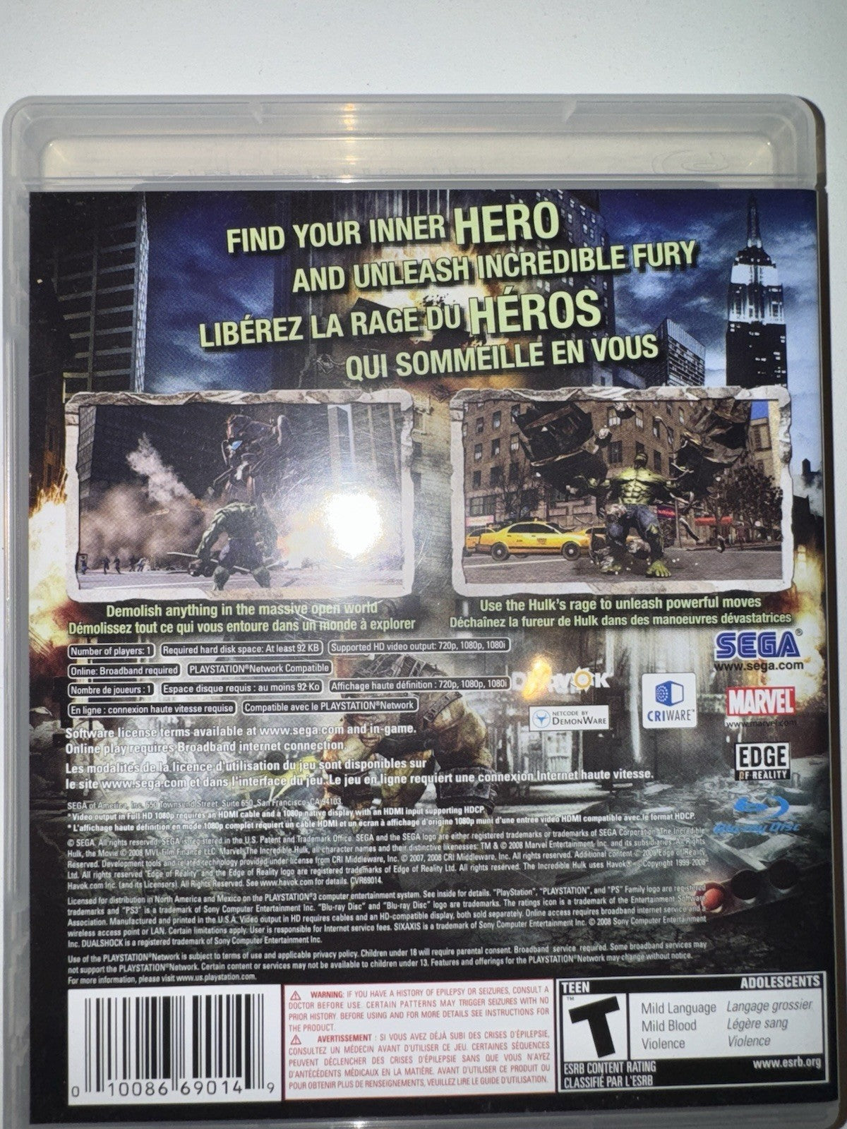 The Incredible Hulk (Sony PlayStation 3, 2008) CIB COMPLETE + MANUAL PS3