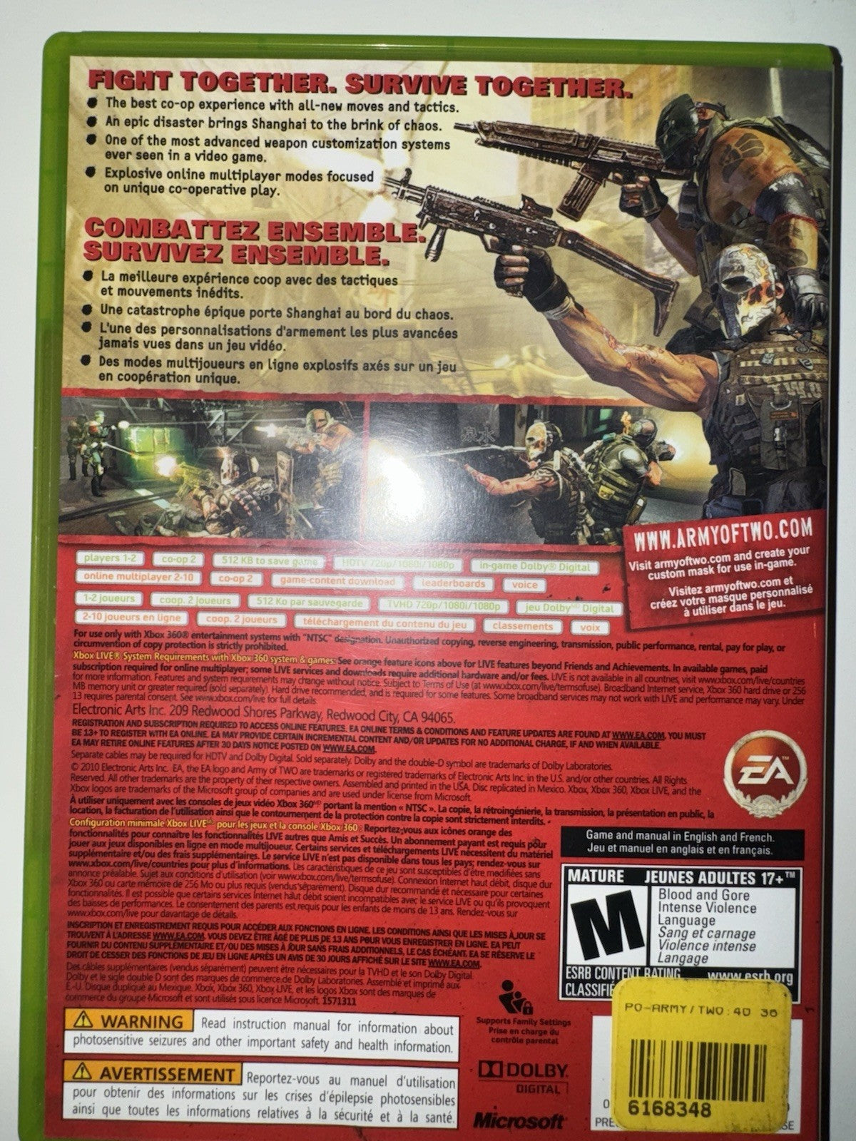 Army of Two: The 40th Day (Microsoft Xbox 360, 2010) CIB COMPLETE + MANUAL XB360