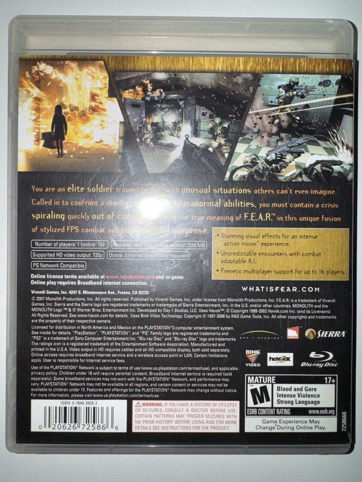 F.E.A.R. First Encounter Assault Recon (Sony PlayStation 3, 2007) CIB PS3 FEAR