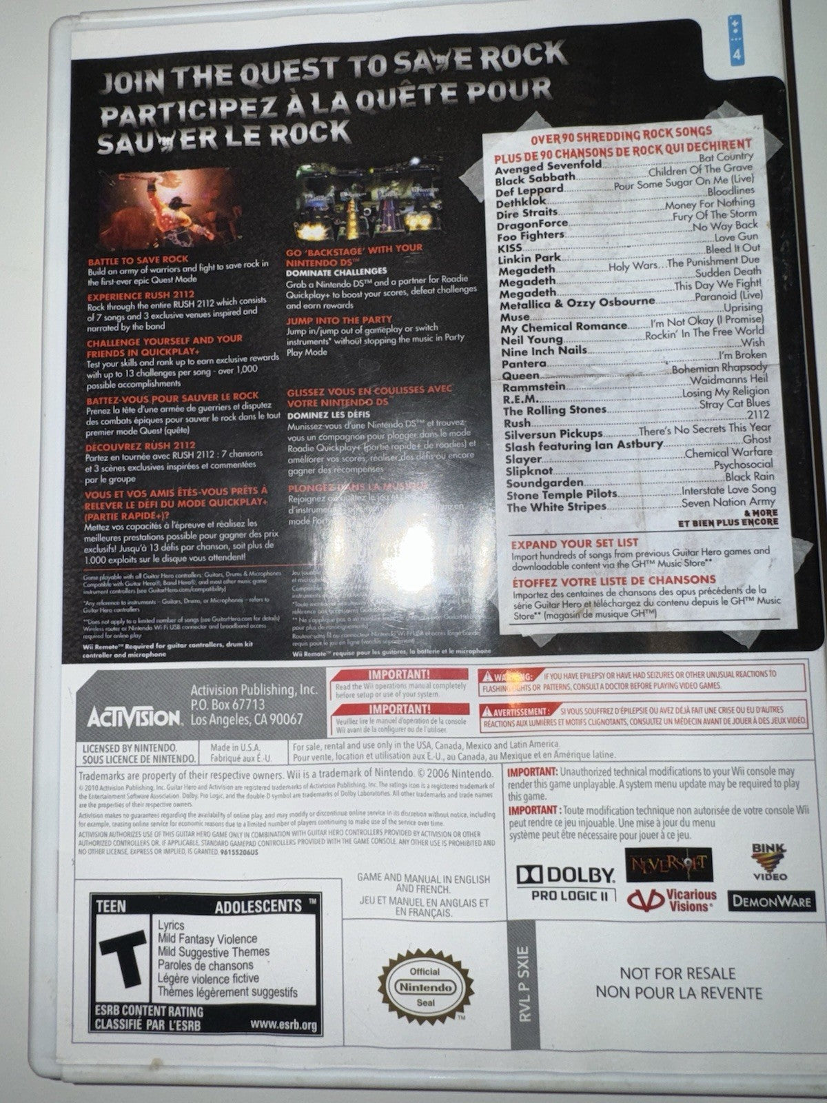 Guitar Hero: Warriors of Rock (Nintendo Wii, 2010) CIB COMPLETE + MANUAL WII