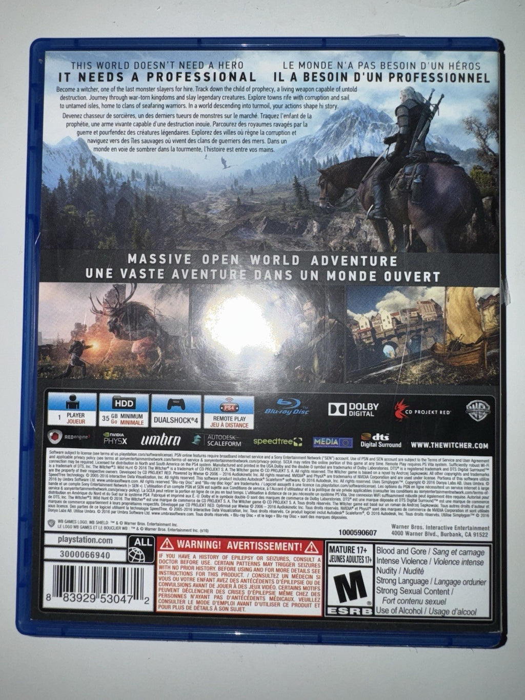 The Witcher III 3 : Wild Hunt (Sony PlayStation 4, 2016) CIB COMPLETE PS4
