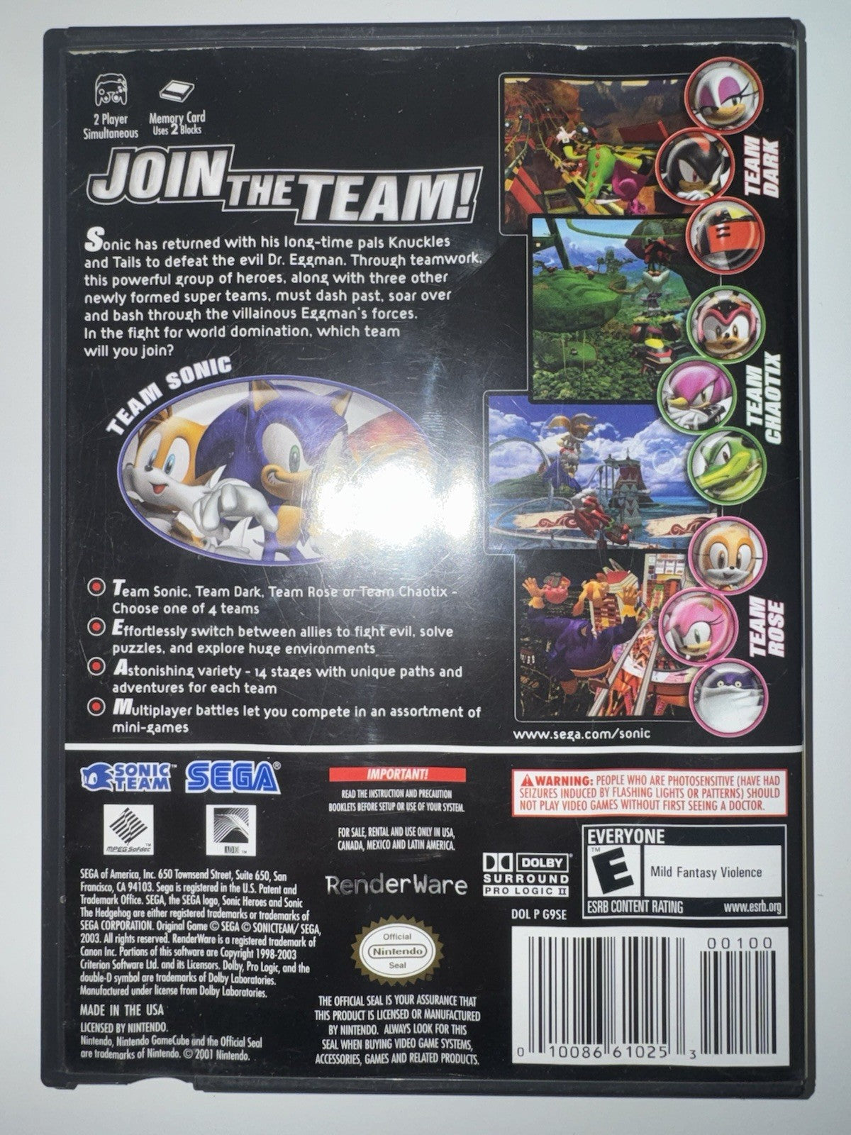 Sonic Heroes (Nintendo GameCube, 2004) CIB COMPLETE GC (Player’s Choice)