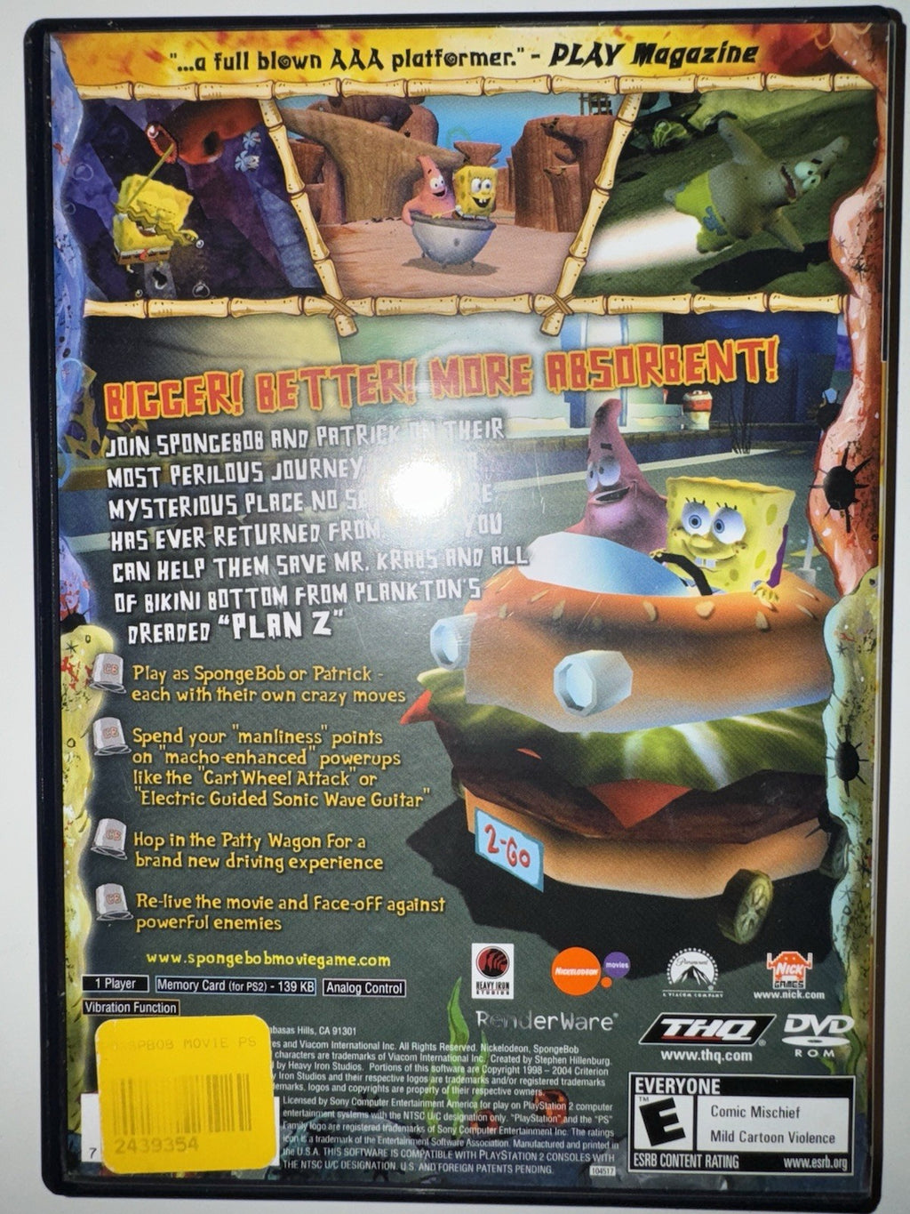 The SpongeBob SquarePants : The Movie PlayStation 2 PS2 W/French Manual Only