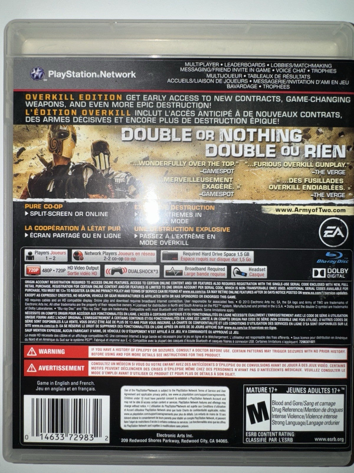 Army of Two: The Devil's Cartel -Overkill Edition (Sony PlayStation 3, 2013) PS3