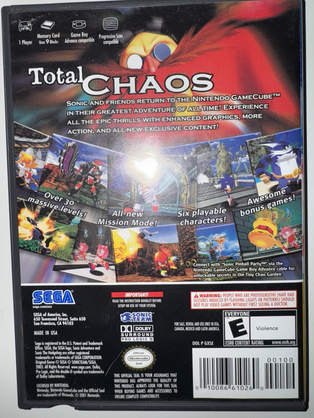 Sonic Adventure DX: Director's Cut (Nintendo GameCube, 2003) CIB Complete