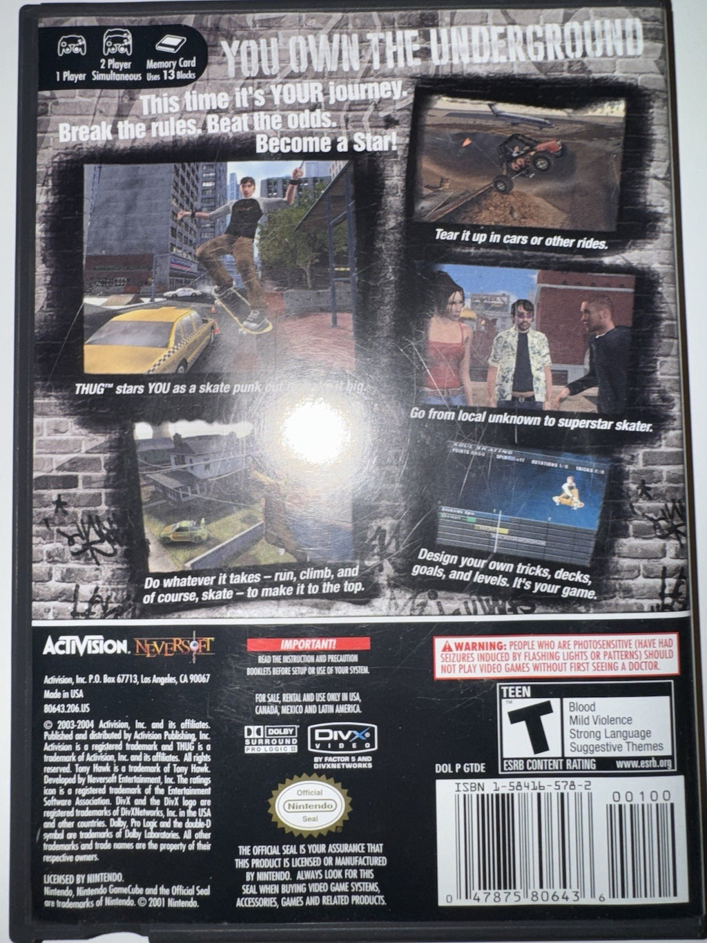 Tony Hawk's Underground (Nintendo GameCube, 2003) CIB COMPLETE + MANUAL GC