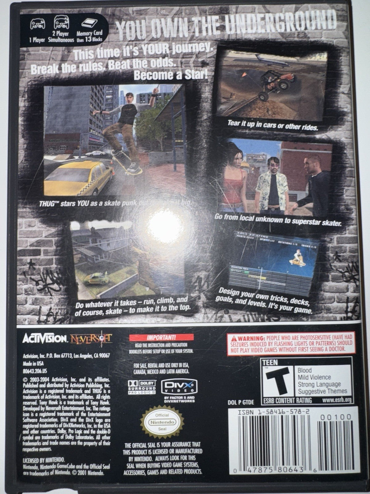 Tony Hawk's Underground (Nintendo GameCube, 2003) CIB COMPLETE + MANUAL GC