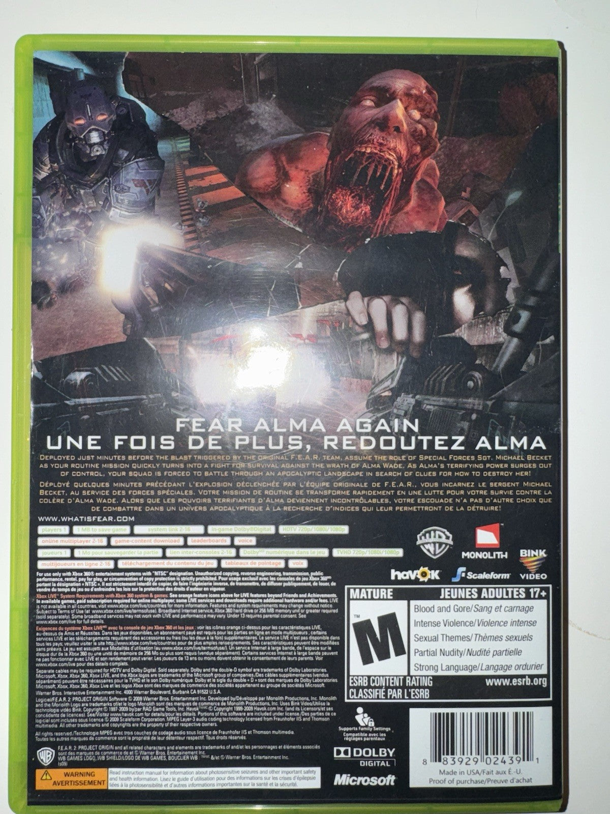 F.E.A.R. 2: Project Origin (Microsoft Xbox 360, 2009) CIB COMPLETE + MANUAL XB