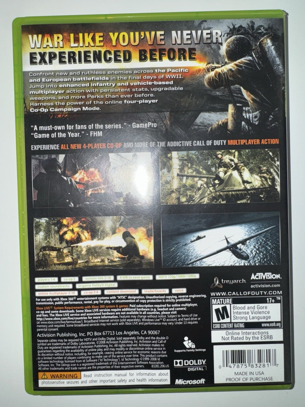 Call of Duty: World at War (Microsoft Xbox 360, 2008) CIB COMPLETE XBOX 360 COD