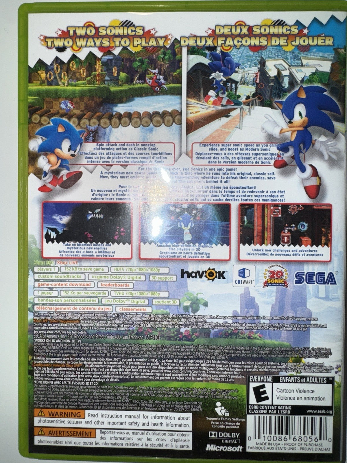 Sonic Generations (Microsoft Xbox 360, 2011) XB360