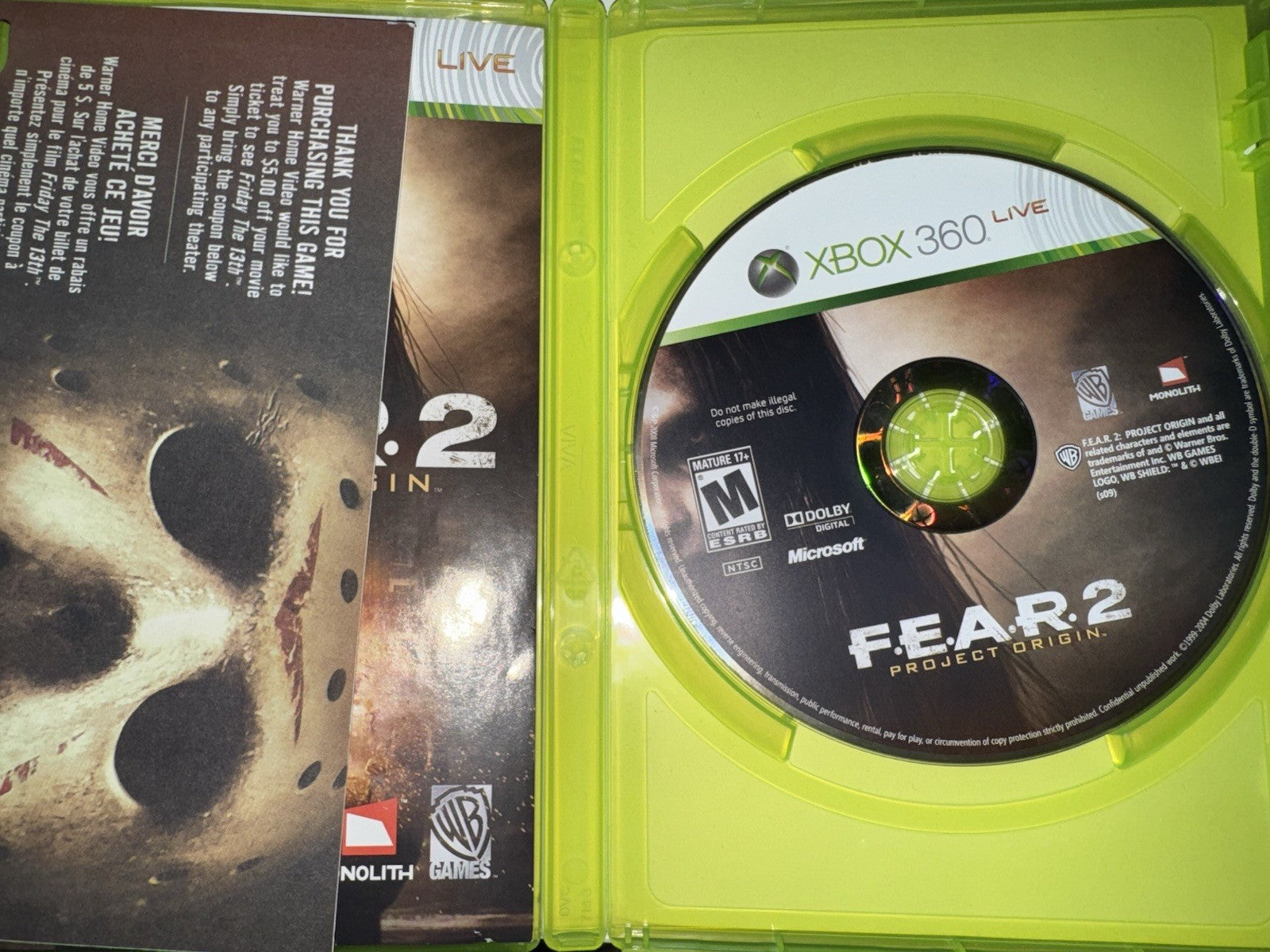 F.E.A.R. 2: Project Origin (Microsoft Xbox 360, 2009) CIB COMPLETE + MANUAL XB