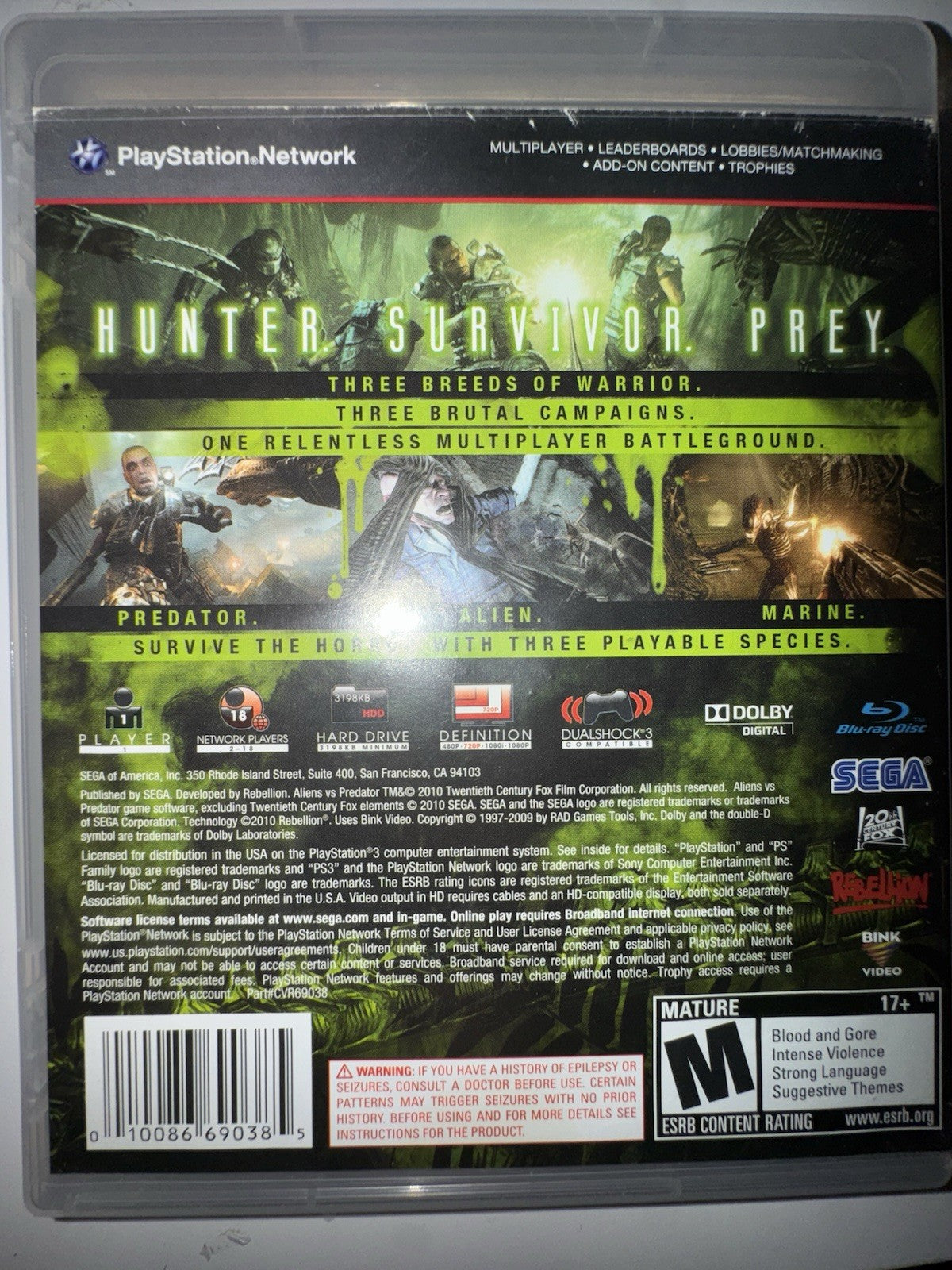 Aliens vs Predator (Sony PlayStation 3, 2010) CIB COMPLETE + MANUAL PS3